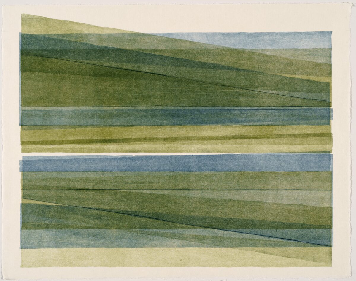 Horizontal composition of layered colored bands in greens, blues, and pale yellows, with diagonal lines creating a sense of movement and depth across the composition. The organic, textured quality of the paper is visible throughout the print.