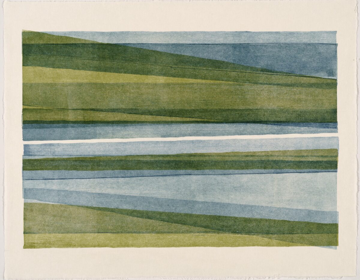Horizontal layered composition of overlapping colored bands in greens, blues, and yellows, with diagonal lines suggesting a tilted landscape. The soft, textured appearance and subtle color variations characteristic of a woodcut monoprint on paper.
