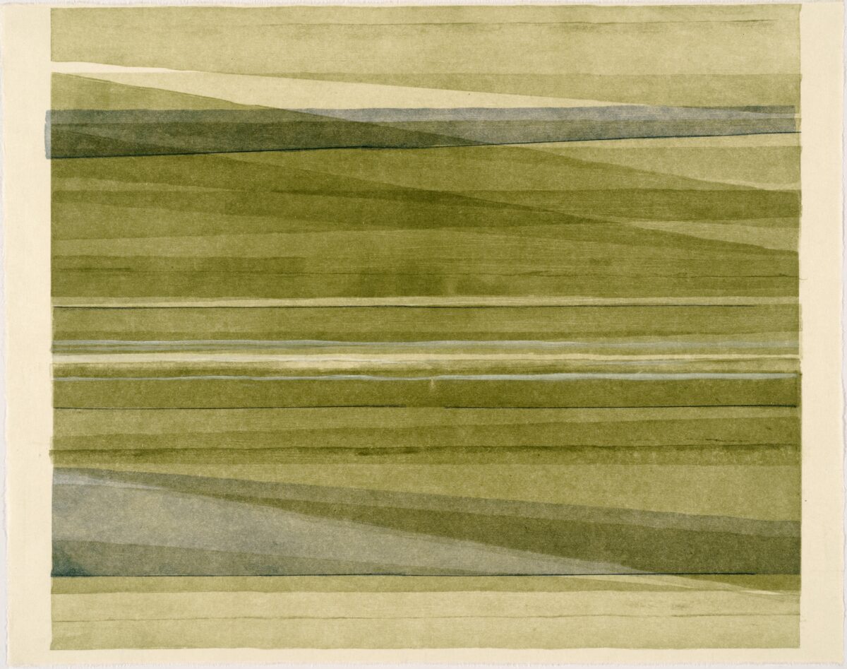 Abstract composition of horizontal bands in varying shades of green, olive, and cream, with subtle diagonal linear elements creating a sense of depth and movement across the layered landscape-like form.