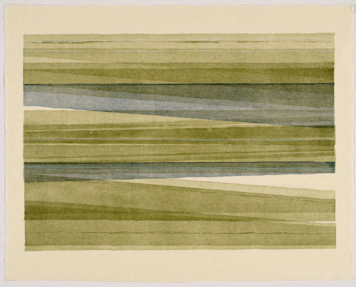 Horizontal bands of muted greens and grays with subtle texture and variation, divided by thin dark lines. A cream-colored diagonal shape cuts through the lower half of the composition, creating an asymmetrical geometric division against the layered, earthy tones.