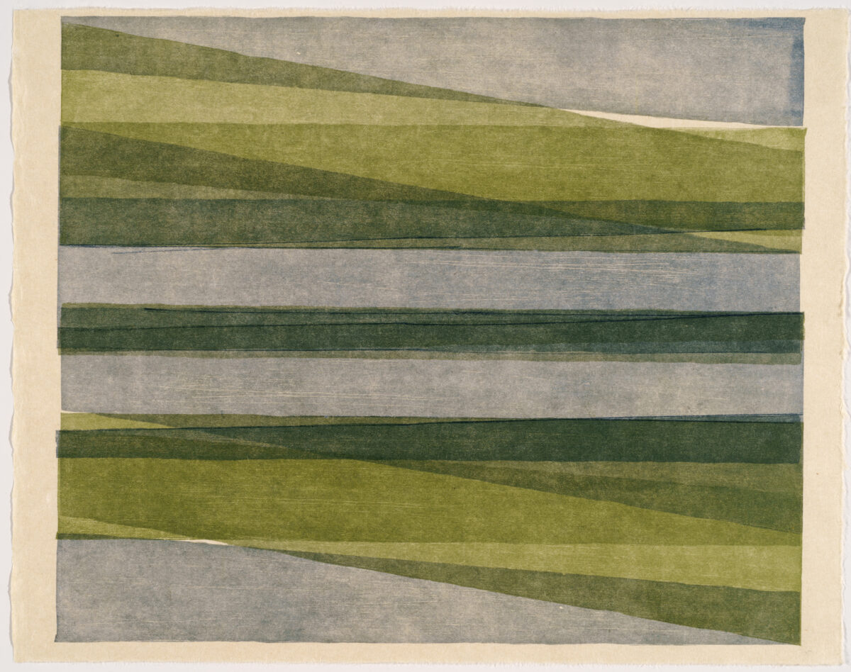 Horizontal bands of varying widths in shades of green and gray create a layered landscape composition. Subtle diagonal shifts and overlapping planes suggest rolling hills or geological strata, rendered in muted earth tones with visible woodblock printing texture throughout.