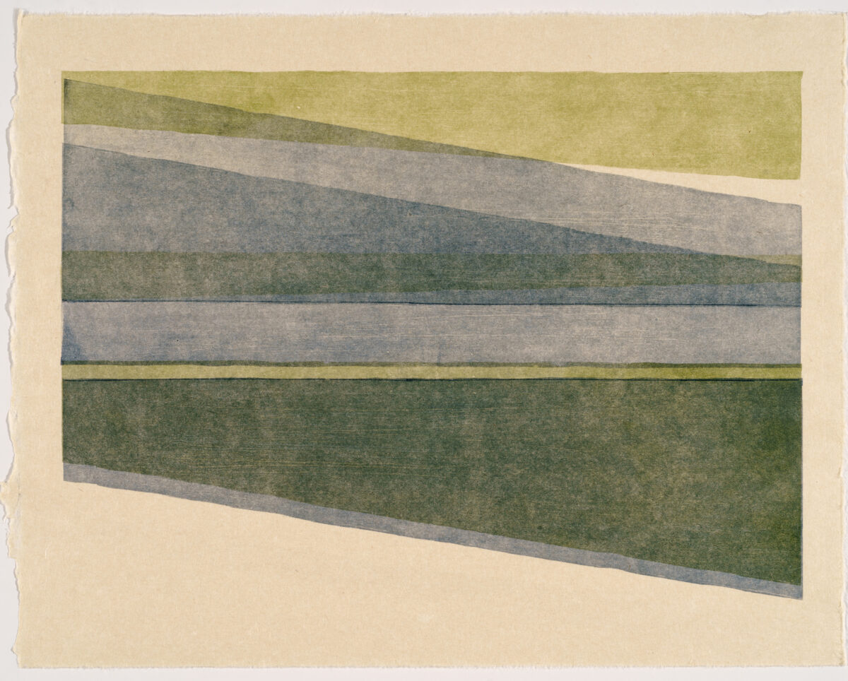 Abstract composition of horizontal bands in muted greens, grays, and yellows arranged in a tilted perspective, creating a sense of depth and movement across the cream-colored paper.
