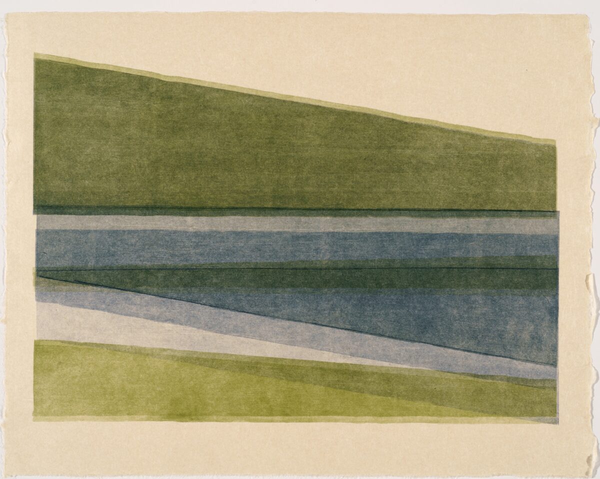 Horizontal bands of muted greens, blues, and grays create a layered landscape composition. The soft, textured surface suggests a woodcut monoprint technique, with subtle tonal variations and diagonal lines that suggest depth and movement across the composition.