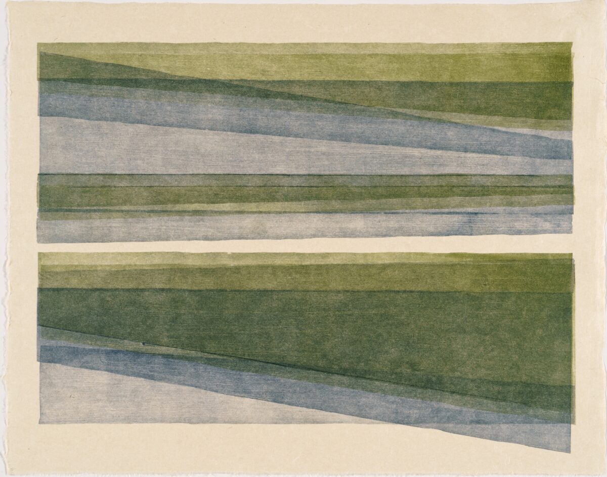 Two rectangular compositions with horizontal striped bands in muted greens, grays, and blues, each with a diagonal shift or displacement running through the center, creating a subtle sense of movement across the layered color fields.
