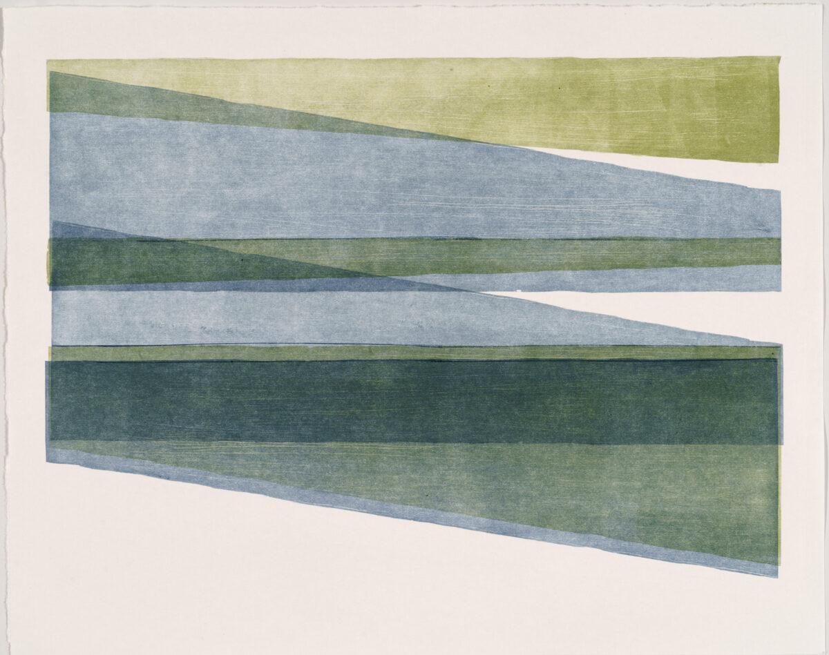 Horizontal abstract composition of overlapping rectangular bands in muted greens and blues, with irregular edges creating a sense of movement and depth against a cream background.