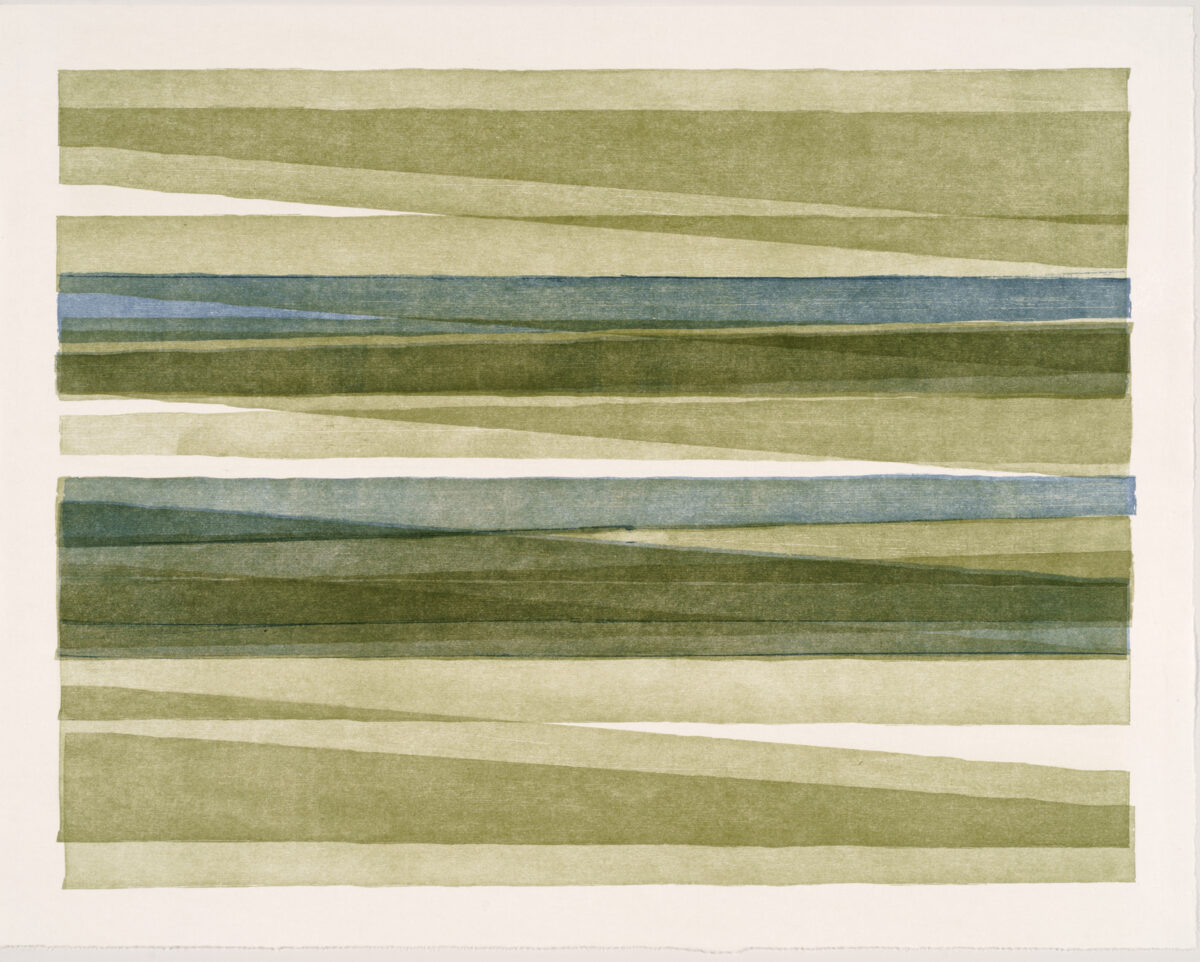 Horizontal composition of overlapping colored bands in shades of green, tan, and blue, creating a layered landscape-like effect with subtle shifts and white spaces between the strips.