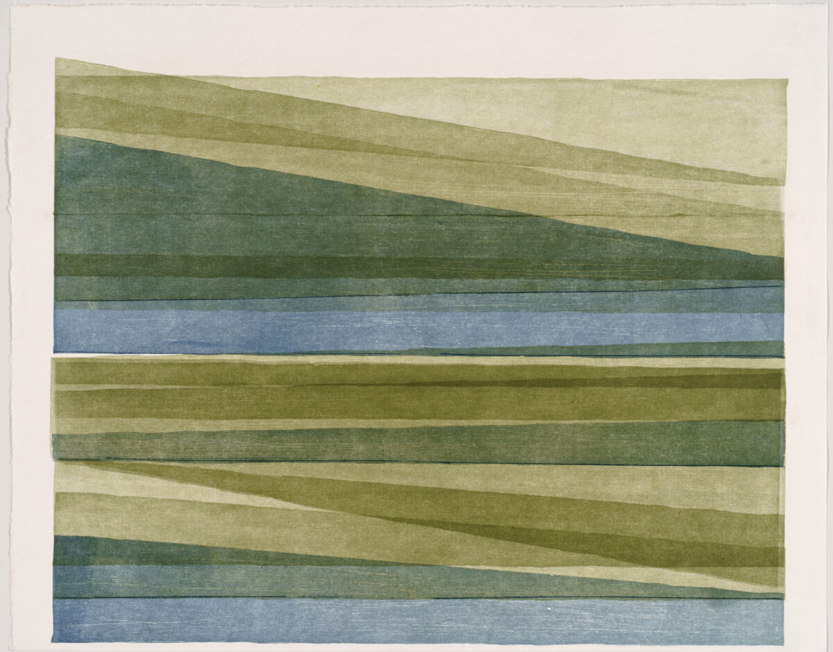 Abstract composition of horizontal layered bands in muted greens, yellows, and blues, with diagonal geometric shapes creating a sense of shifting planes and depth against a cream background.