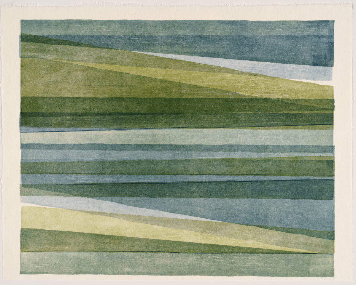 Horizontal composition of layered, diagonal stripes in muted greens, blues, and pale yellows, creating an abstract landscape-like effect. The overlapping bands of color shift in tone and opacity, suggesting depth and movement across the cream-colored paper.