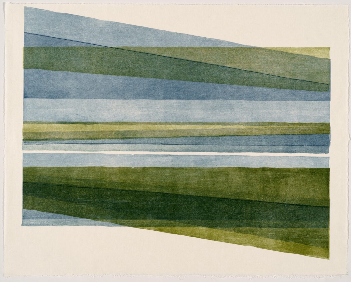 Horizontal bands of blue and green tones layered across a cream-colored paper, with the rectangular composition tilted at an angle. The stripes vary in width and intensity, creating a sense of movement and depth through subtle shifts in color and texture.