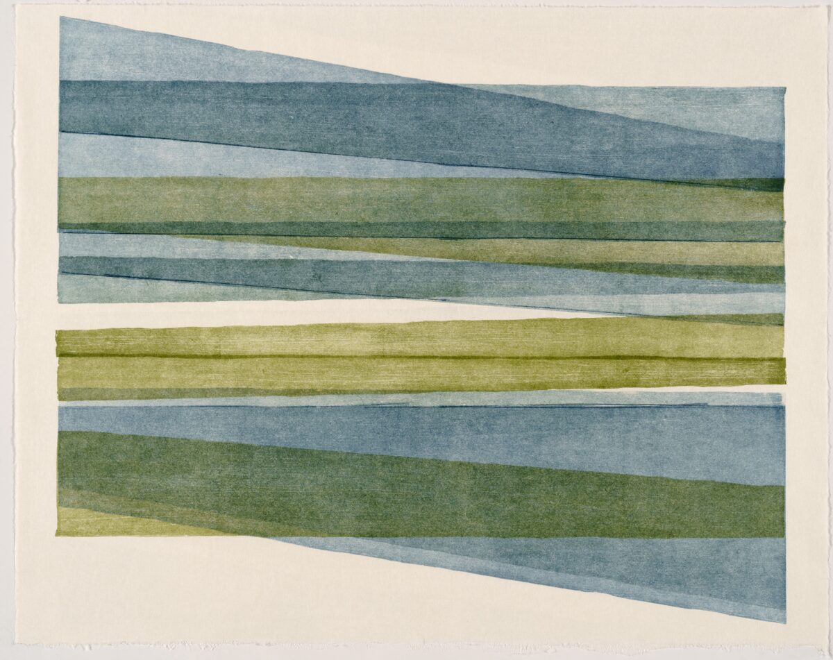 Horizontal bands of muted blue-green and olive tones arranged in a stacked composition, with irregular edges and slight overlaps creating a sense of movement and depth against a cream-colored background.