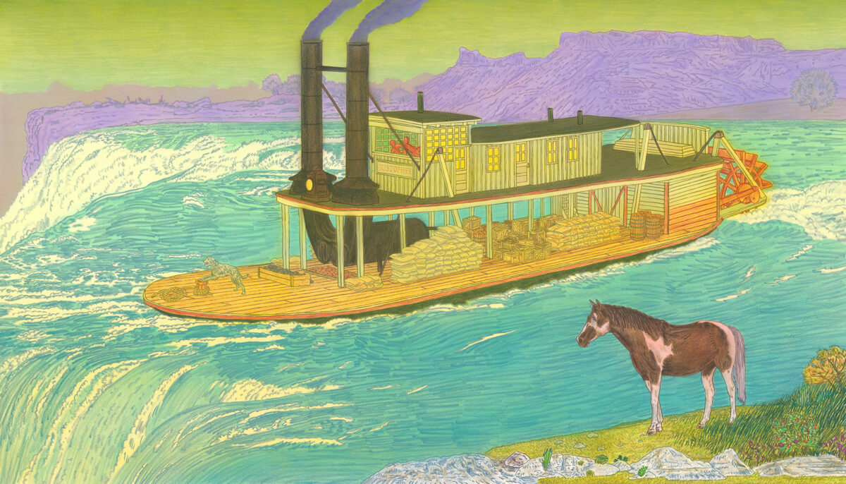 A stylized illustration depicting a steamboat with two tall smokestacks navigating turquoise waters near a dramatic waterfall, rendered in warm yellows and greens with purple mountains in the distance. A brown and white horse stands on the grassy shore in the foreground, observing the vessel.