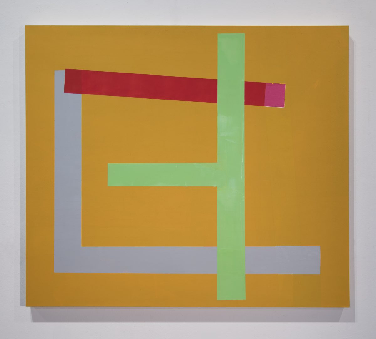 Geometric abstract composition on a mustard-gold background featuring a vertical green cross intersected by horizontal bands in red, gray, and mauve tones, creating a layered, interlocking arrangement of rectangular forms.