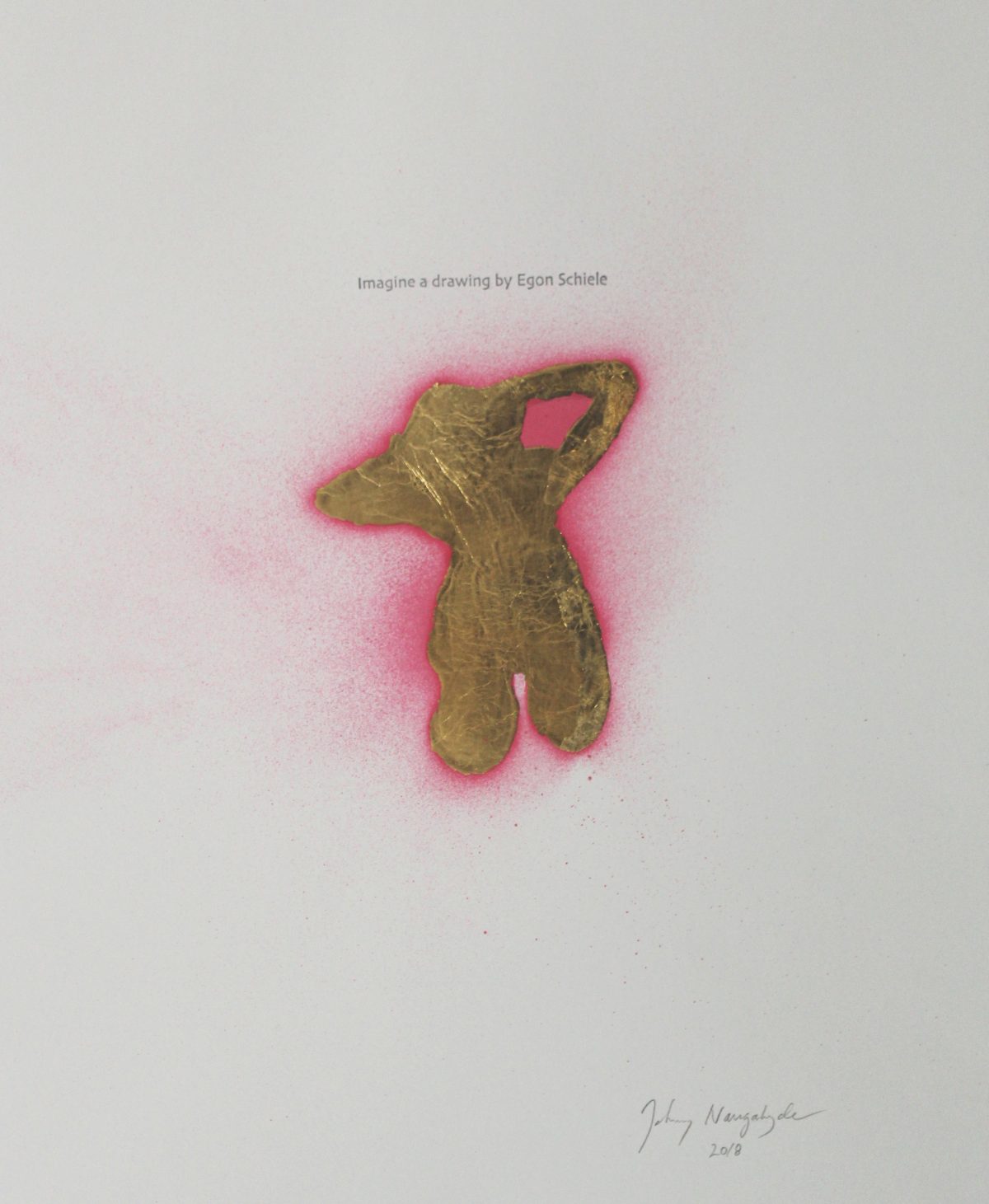 A stylized golden-brown figure with textured surface detail set against a soft pink spray-painted halo on cream paper. The abstracted form suggests a crouching or contorted human body with simplified features, creating an expressionistic composition that balances organic irregularity with geometric containment.