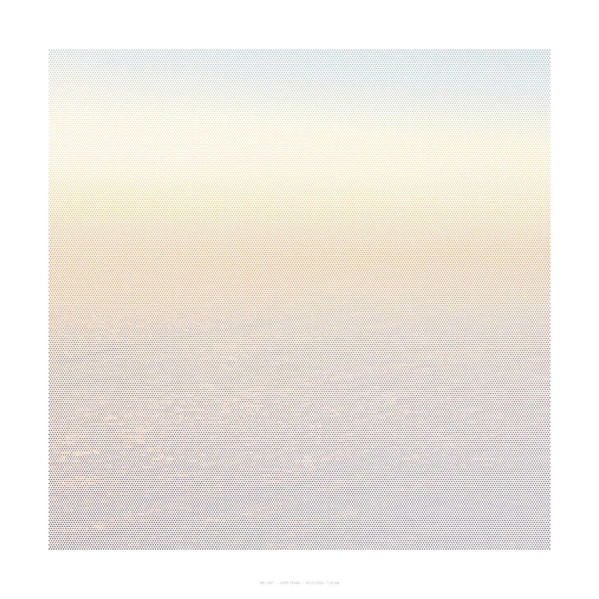A gradient composition rendered in a dense dot matrix pattern, transitioning from cool gray tones at the top through warm cream and pale yellow in the middle section, to peachy-pink and mauve tones toward the bottom. The systematic pointillist technique creates a soft, atmospheric effect across the square format.