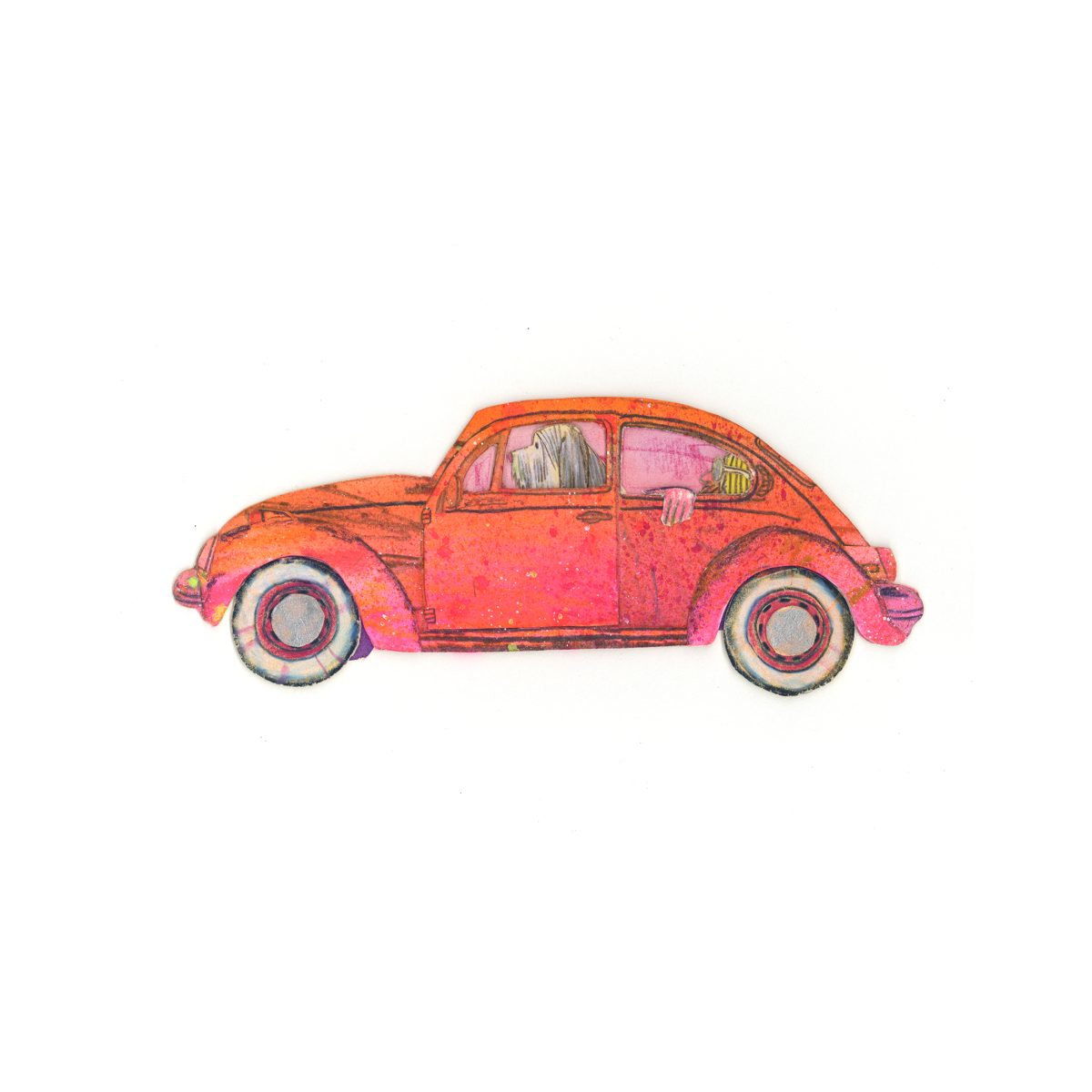 A vibrant red and orange Volkswagen Beetle rendered in colored pencil and watercolor, shown in profile against a white background. The vintage car features detailed windows with a figure visible inside, realistic tire treads, and a textured surface suggesting mixed media collage techniques.