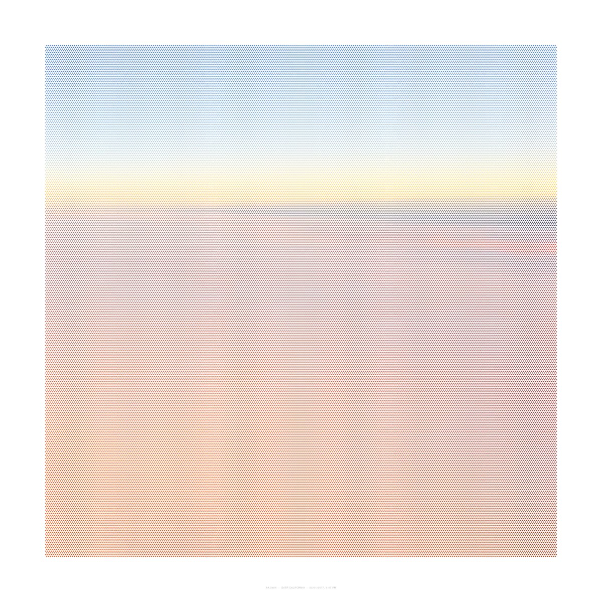 A horizontal gradient composition rendered in fine dotted texture, transitioning from blue at the top through pale yellow in the center to warm peachy-pink tones at the bottom, creating a soft, atmospheric effect across the entire surface.