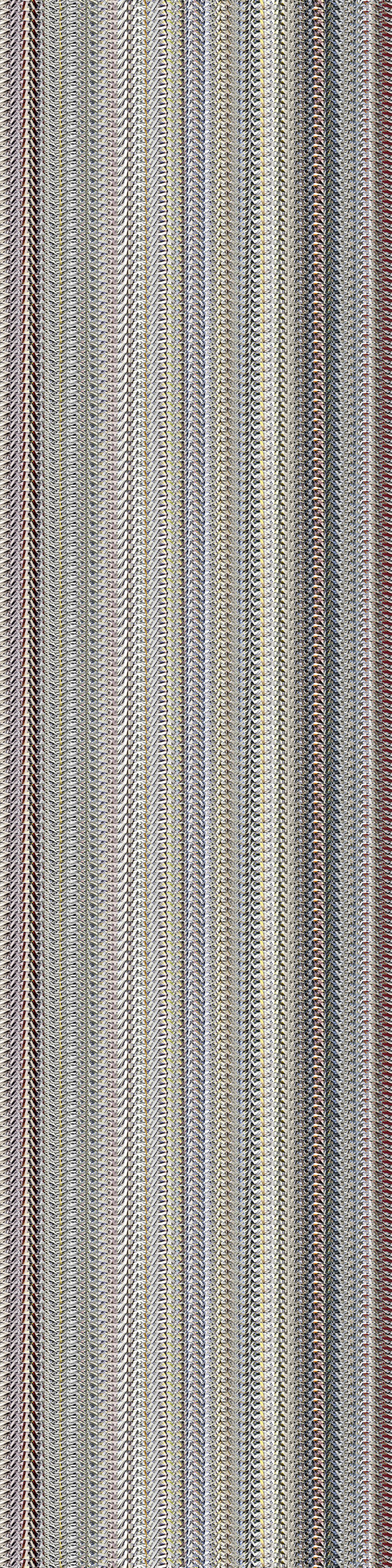 Vertical composition of densely layered horizontal stripes in muted gray, taupe, and cream tones. The repetitive pattern creates a textured, almost fabric-like surface suggesting accumulated layers of material pressed together.