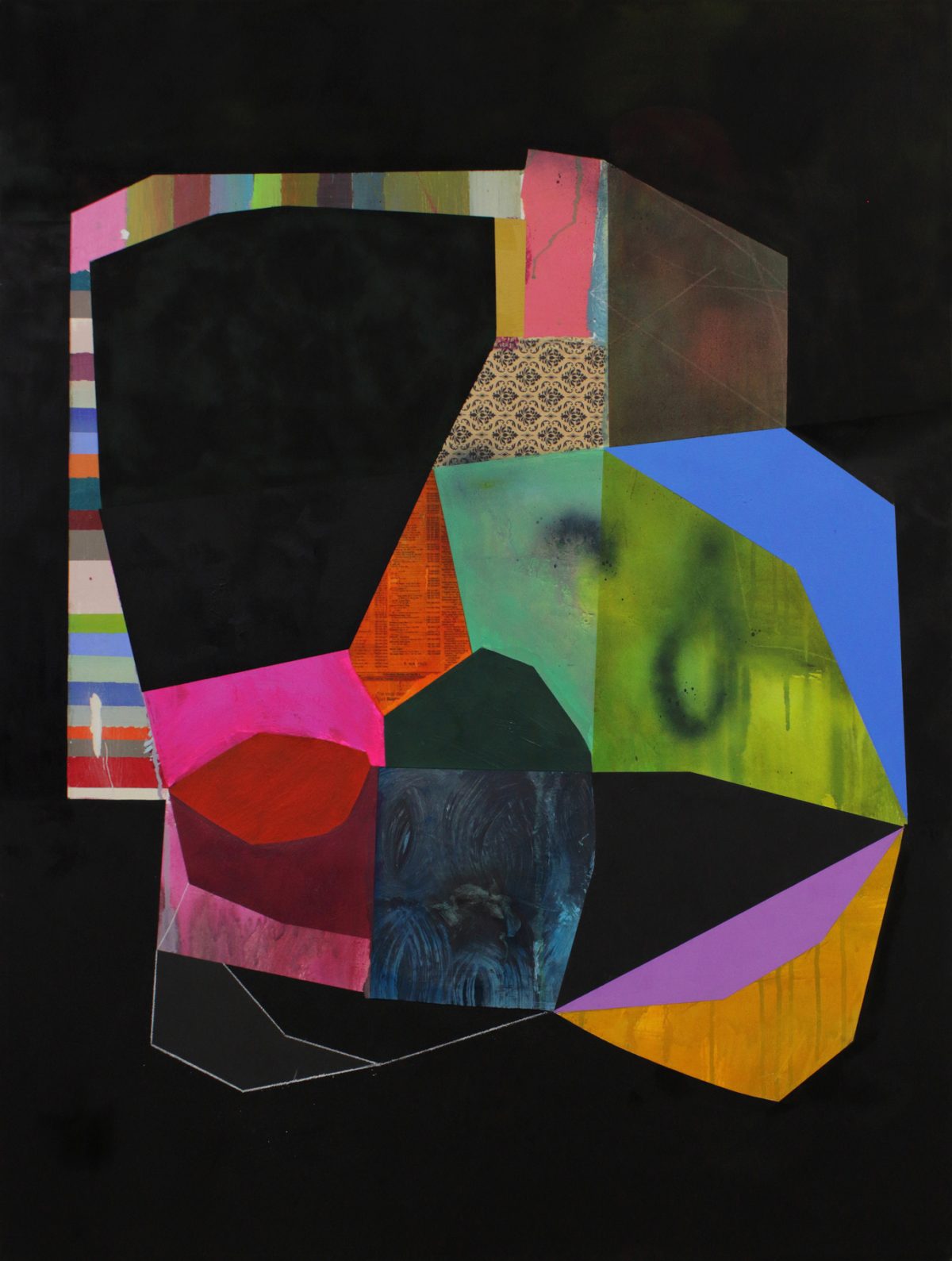 A three-dimensional collage artwork featuring geometric paper and fabric forms layered against a black background. Vibrant colors including hot pink, electric lime green, cobalt blue, and mustard yellow contrast with dark charcoal and burgundy sections, creating a dynamic composition with overlapping planes and mixed textured surfaces.