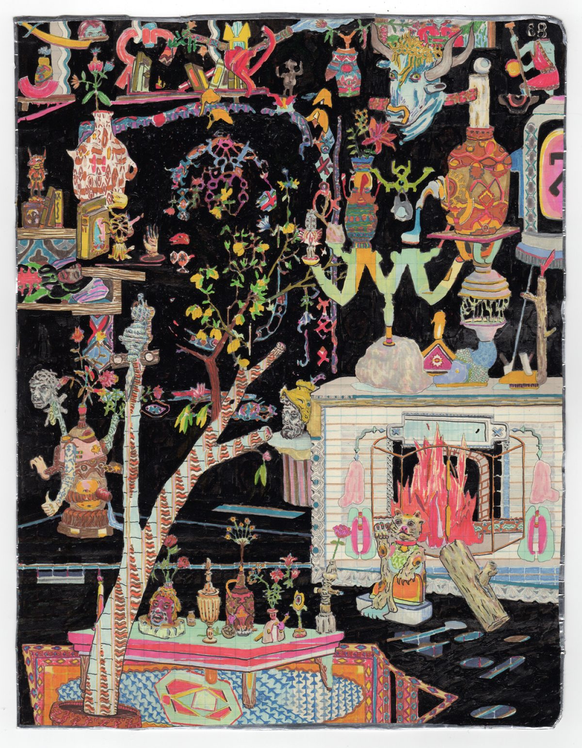 A densely composed interior scene rendered in graphite on a black background, featuring vibrant pink, yellow, green, and blue accents throughout. The layered composition depicts an ornate living room filled with decorative objects, furniture, flowering plants, architectural elements, and stylized figures arranged across multiple spatial planes, creating an intricate, maximalist tableau.