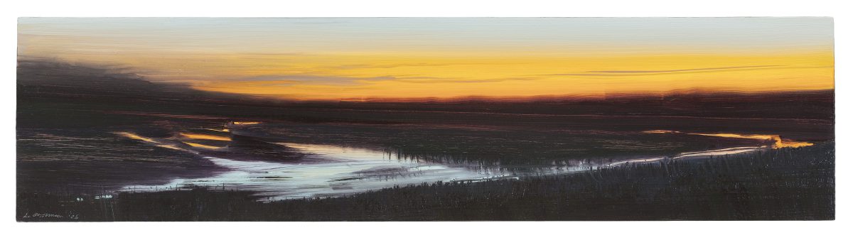 A horizontal landscape painting depicting a river valley at dusk, with a winding waterway reflecting golden and white light against dark forested banks. The composition features warm amber and orange tones in the sky above silhouetted treelines, creating a dramatic contrast with the cool silvery reflection of water below.