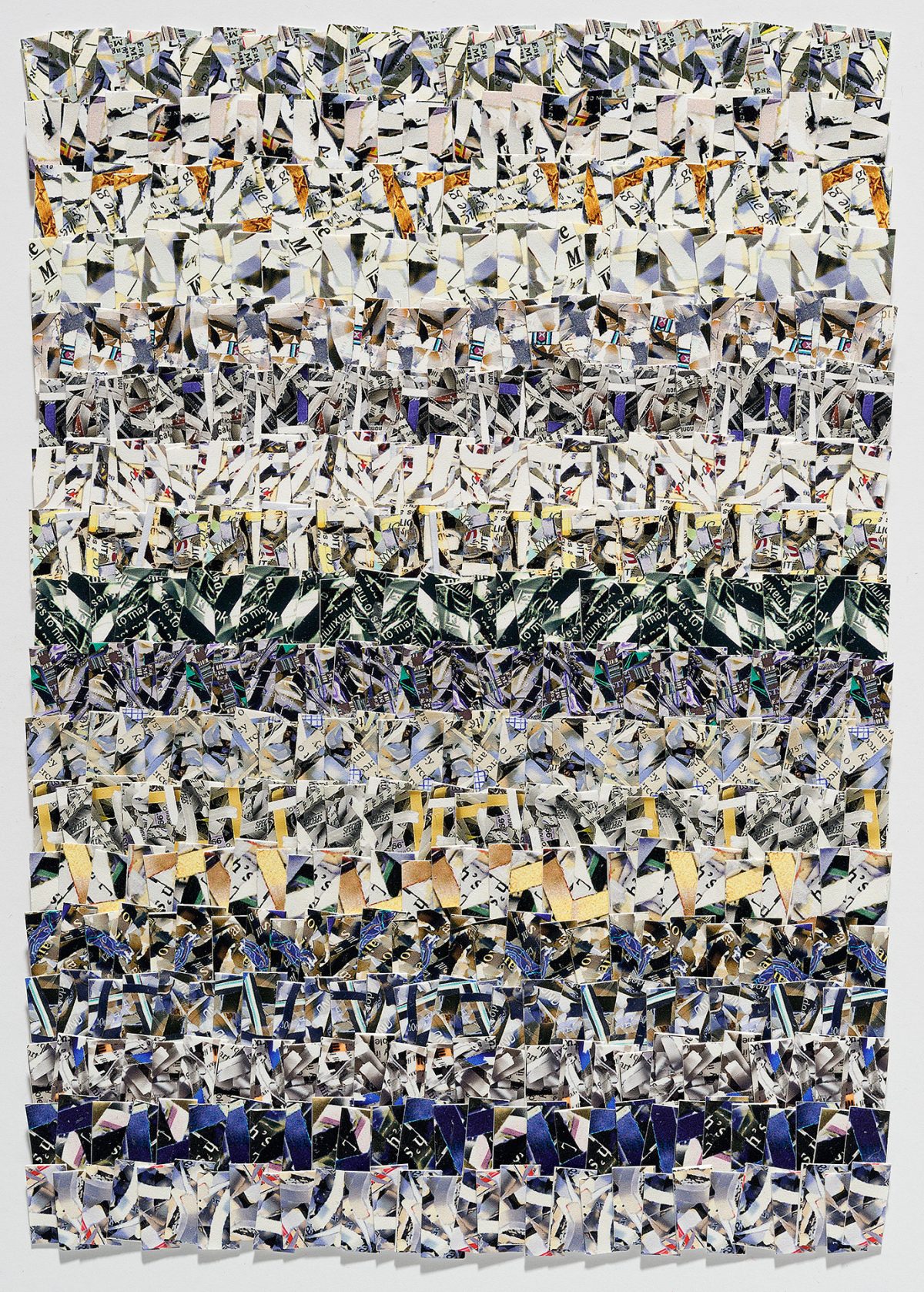 A large-scale abstract composition made of horizontally banded rows of shredded paper and text fragments in black, white, cream, yellow, orange, blue, and purple. The densely layered strips create a textured, collage-like surface with a rhythmic, repetitive pattern across the entire rectangular format.