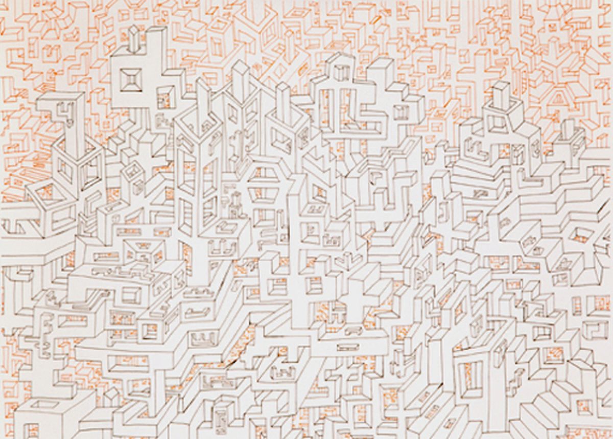 An intricate isometric line drawing in ink on paper depicts a dense, labyrinthine cityscape of interconnected buildings and geometric structures rendered in muted orange and cream tones. The composition fills the entire surface with overlapping architectural forms, creating a complex, three-dimensional urban landscape viewed from an elevated perspective.