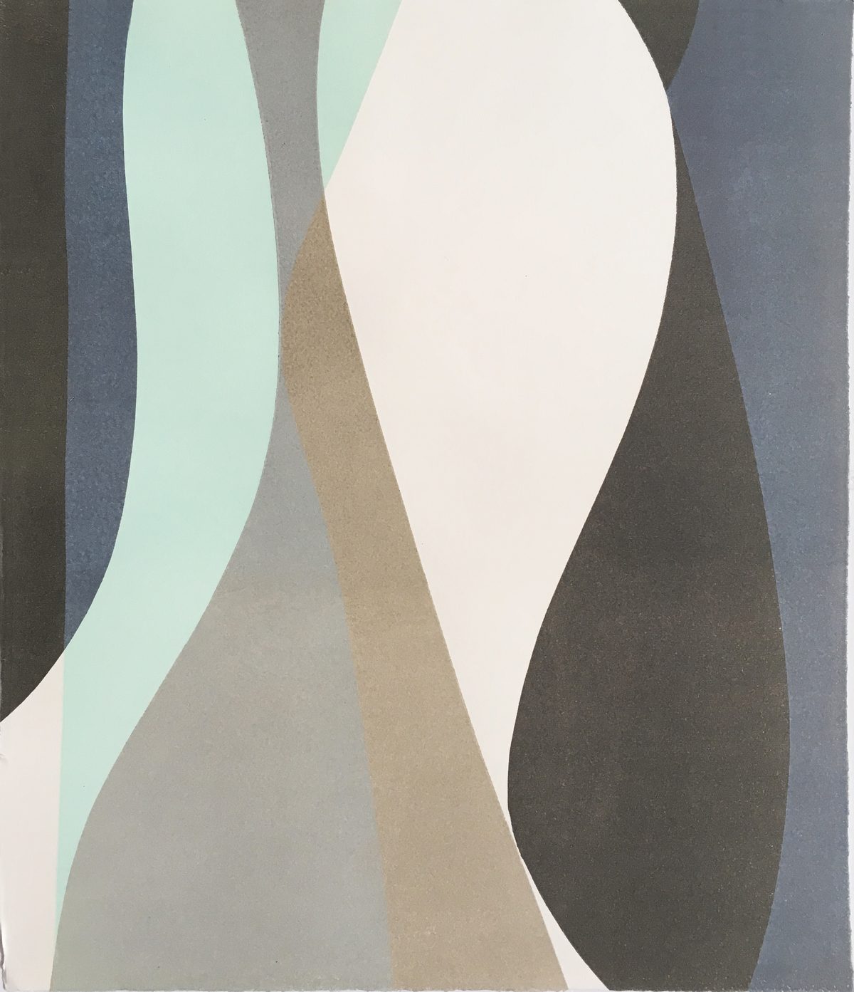 Abstract relief print featuring overlapping vertical curved forms in muted tones of cream, pale blue-green, taupe, and charcoal gray, creating a sense of depth and movement through layered planes and subtle tonal variations.