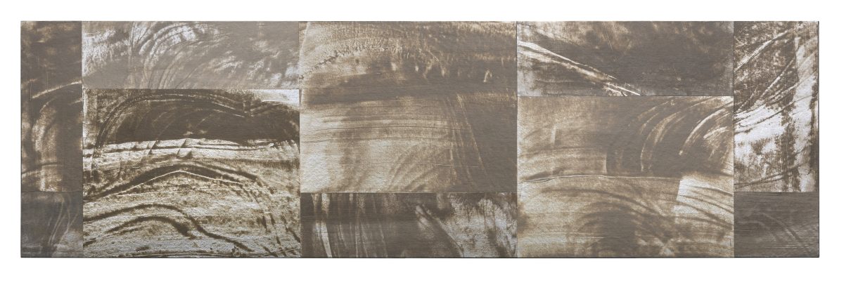 Abstract composition of layered rectangular panels in bronze and metallic tones featuring gestural marks, organic curved lines, and weathered surface textures that suggest flowing water or geological formations.