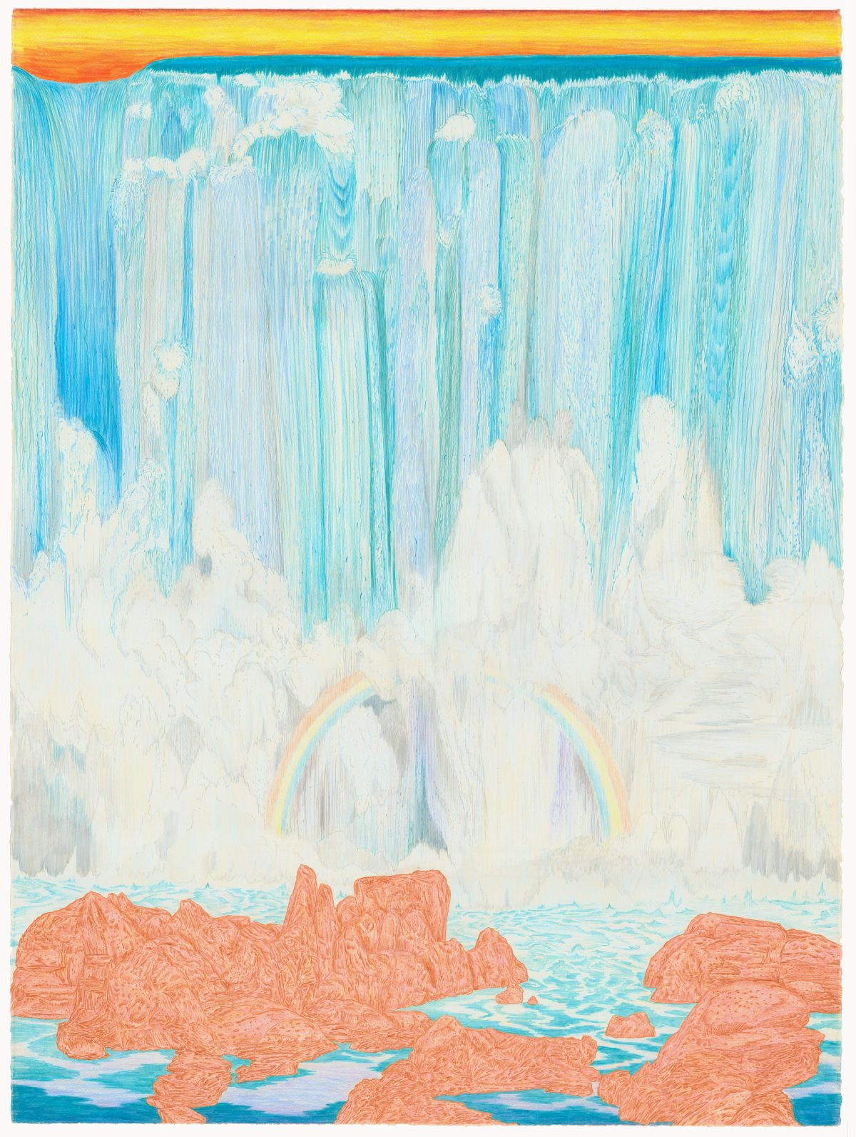 A dramatic landscape depicting a massive waterfall cascading from towering blue-green cliffs with vertical striations. White mist rises from the base where a delicate rainbow arcs across the spray, while reddish-orange rocky formations jut from turquoise waters in the foreground beneath a warm golden-orange sky.
