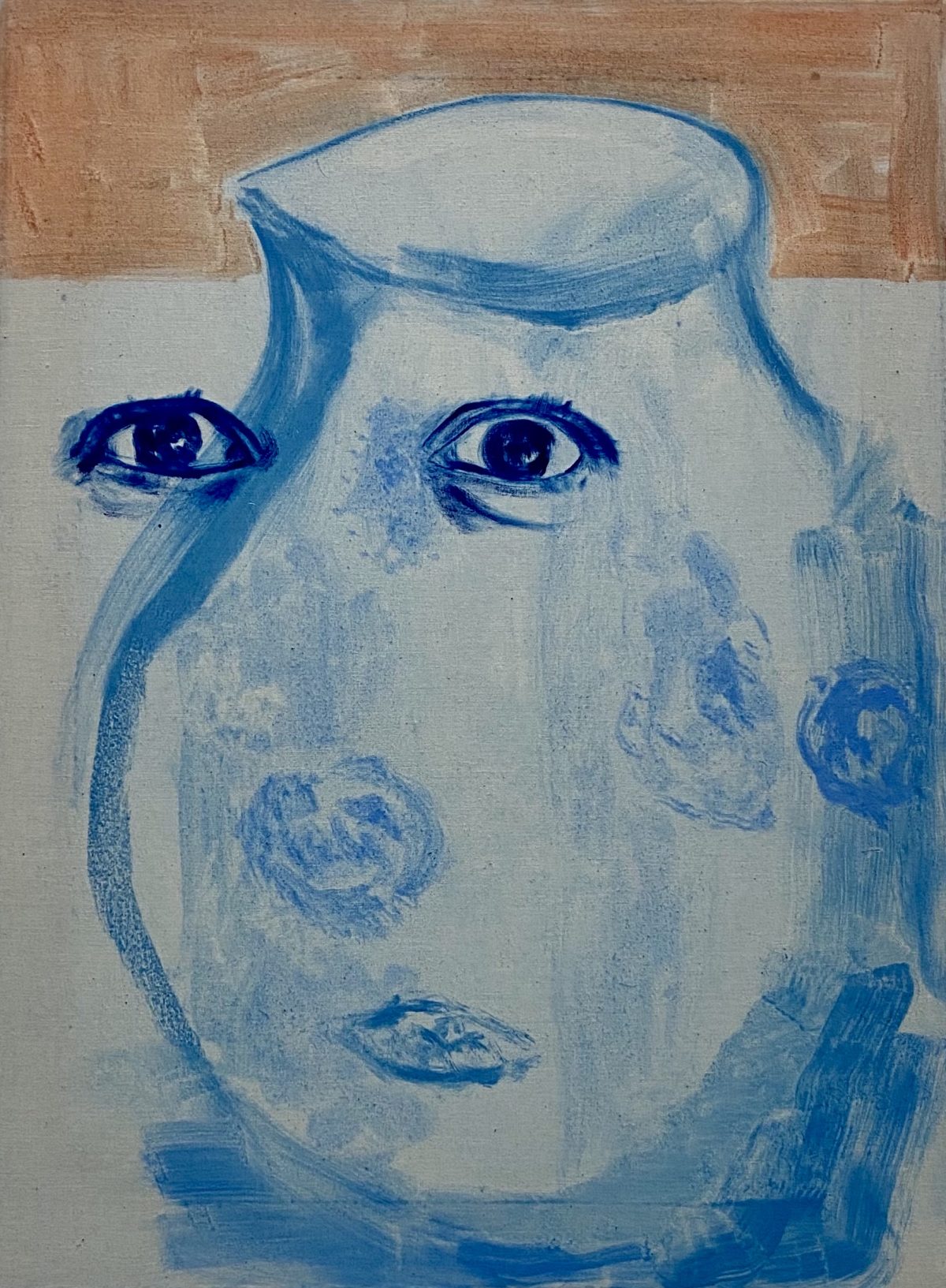 A portrait rendered in shades of blue and cream depicting a figure with an elongated face, prominent dark eyes with heavy lashes, and subtle facial features. The composition uses gestural brushstrokes and a limited color palette, set against a warm tan and neutral background.