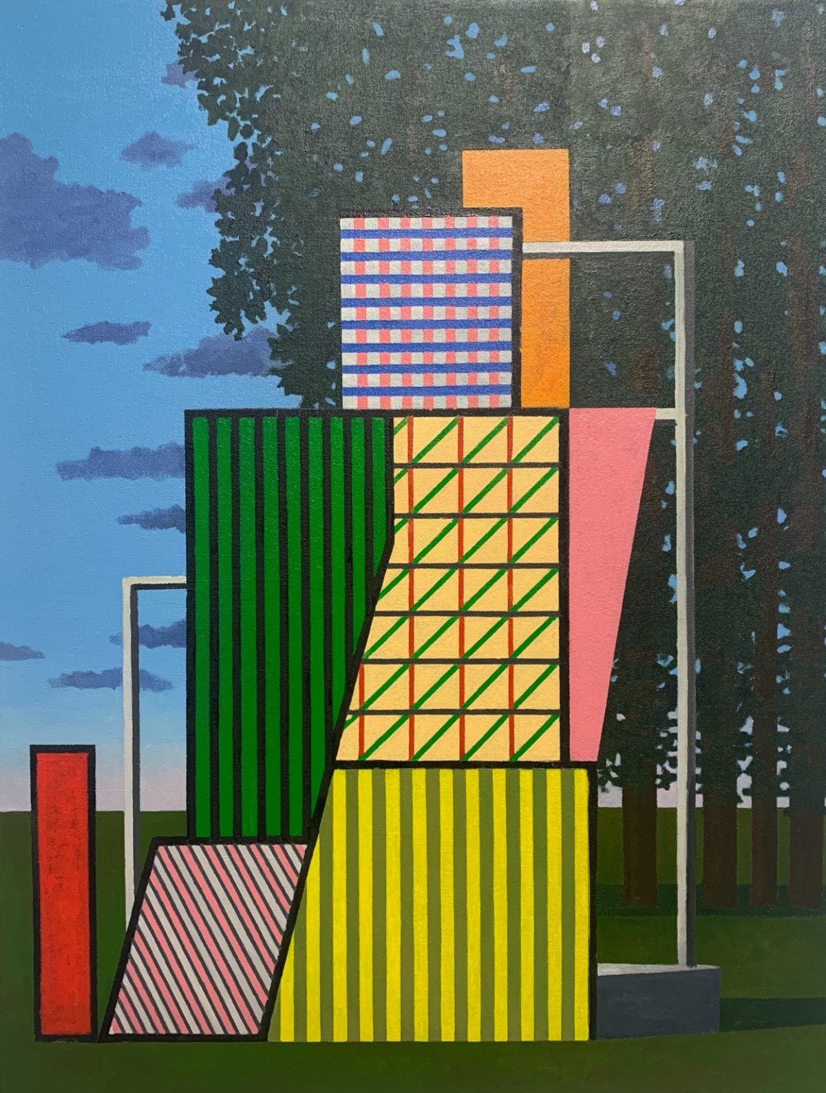 A geometric abstract composition featuring a stacked arrangement of vividly colored rectangular forms with varied patterns—including checkered, striped, and solid sections in red, orange, yellow, green, pink, and blue—set against a naturalistic landscape of blue sky, green grass, and a textured dark tree trunk on the right side.