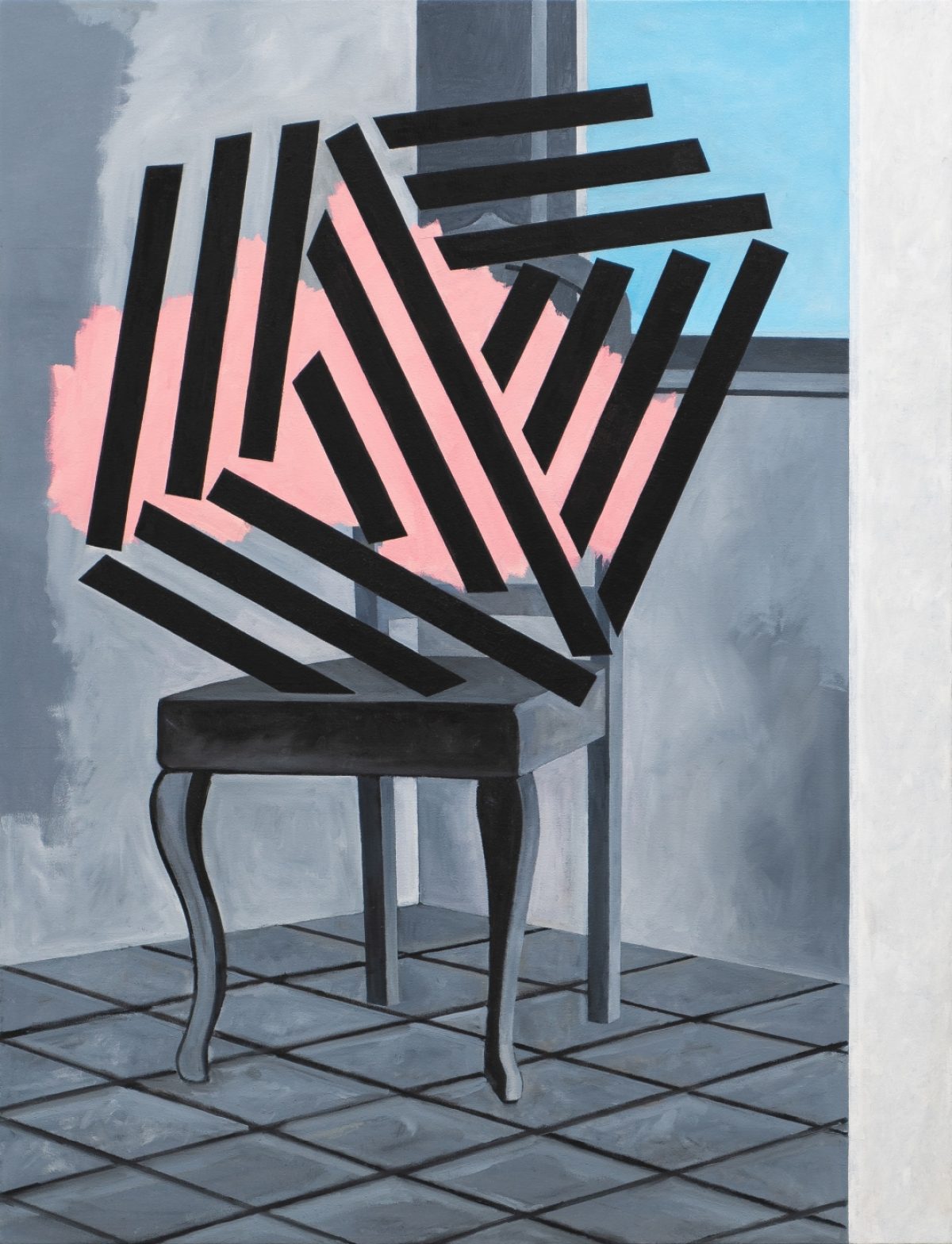 A black wooden chair with curved legs sits on a tiled floor against a grey wall. Bold black vertical and diagonal stripes emerge from the chair's seat, creating an explosive abstract form filled with vibrant pink, with horizontal black bars extending outward. A bright blue sky appears in the upper right corner, contrasting with the muted grey background.