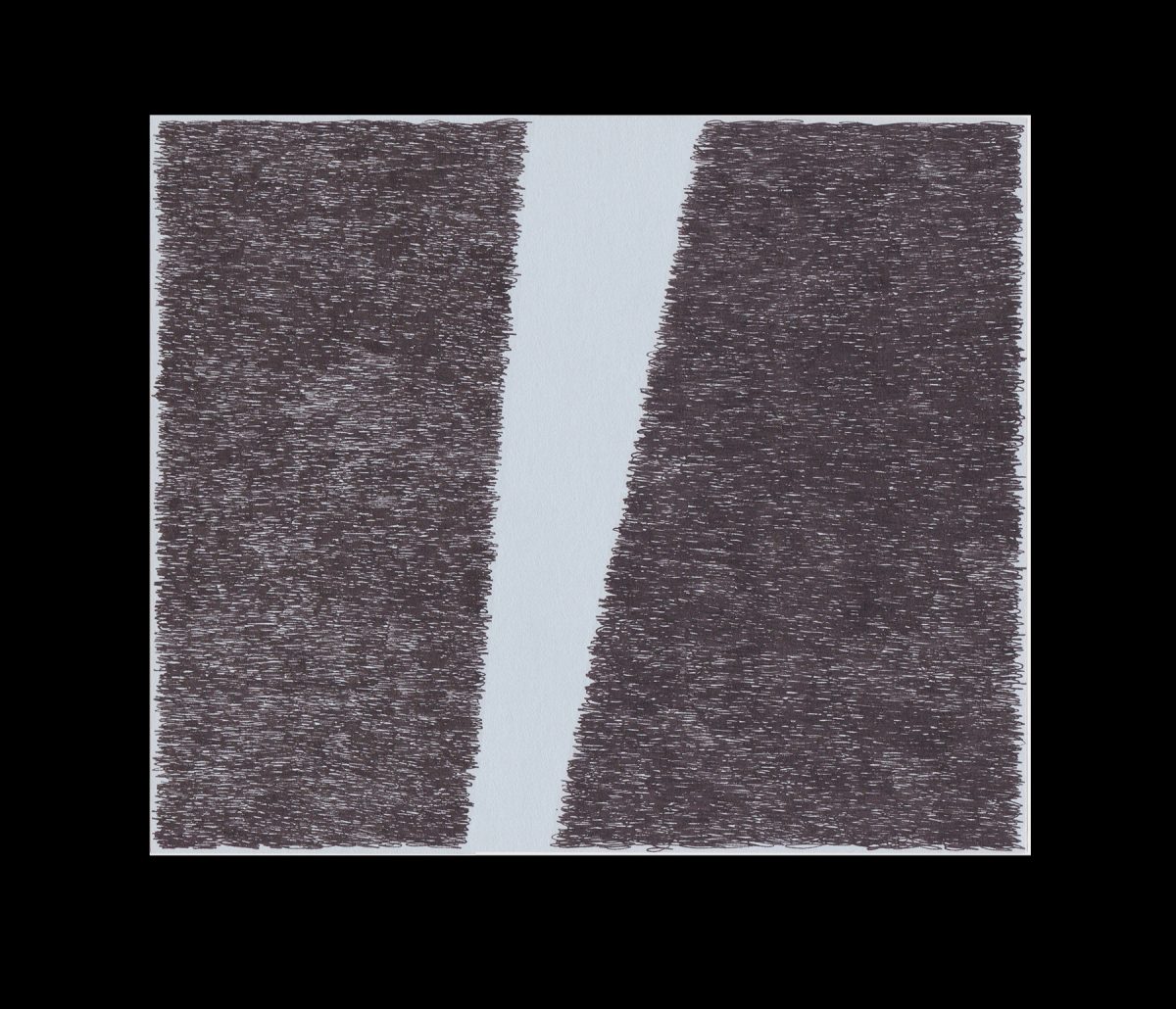 Two vertical rectangular blocks of dense, gestural black marks separated by a narrow vertical gap of white space on a light gray background. The marks appear hand-drawn with rapid, overlapping strokes creating a textured, almost illegible surface across the composition.