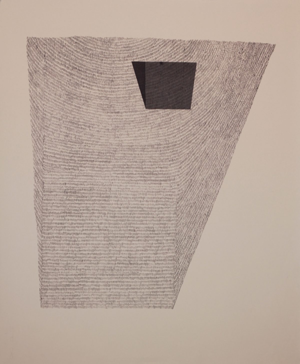 A large trapezoid form filled with fine linear hatching in graphite and silver ink creates a subtle vortex pattern, with a small dark rectangular form positioned near the upper center of the composition against a neutral beige background.