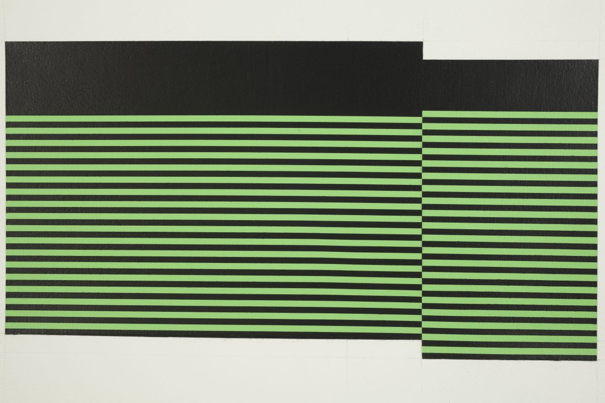 Two overlapping rectangular compositions featuring alternating horizontal stripes of bright green and dark charcoal, with the left section wider than the right. Dark graphite forms an irregular border across the top, creating a layered, geometric arrangement on a light background.