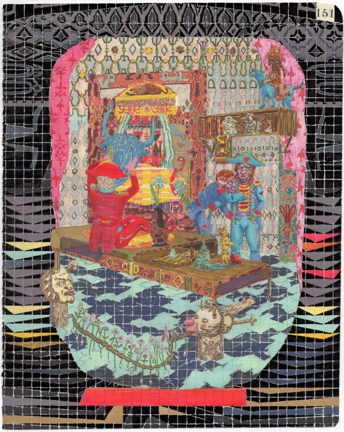 An intricately layered surrealist composition featuring a central profile head in shades of red, blue, and cream, filled with an ornate palace interior scene with patterned wallpapers, figures, and architectural details. The head is framed by a pink scalloped border and sits against a black gridded background with colorful horizontal bands of yellow, pink, and green, with classical sculptural elements emerging from the lower section.