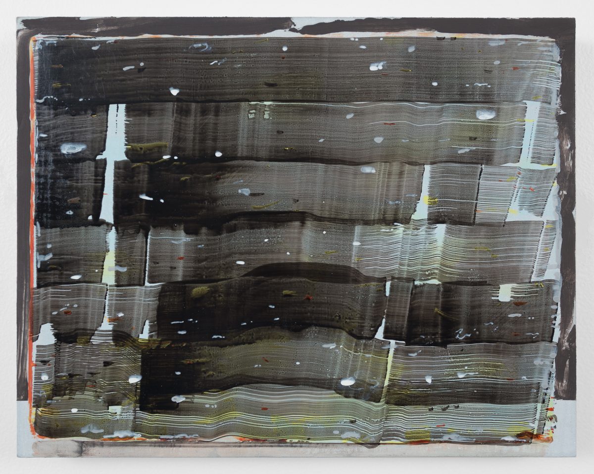Abstract oil painting on panel featuring horizontal bands of dark charcoal, olive green, and cream tones with gestural white brushstrokes and small accents of rust and yellow throughout. The composition creates a layered, weathered appearance with organic striations and marks suggesting depth and movement across the rectangular surface.
