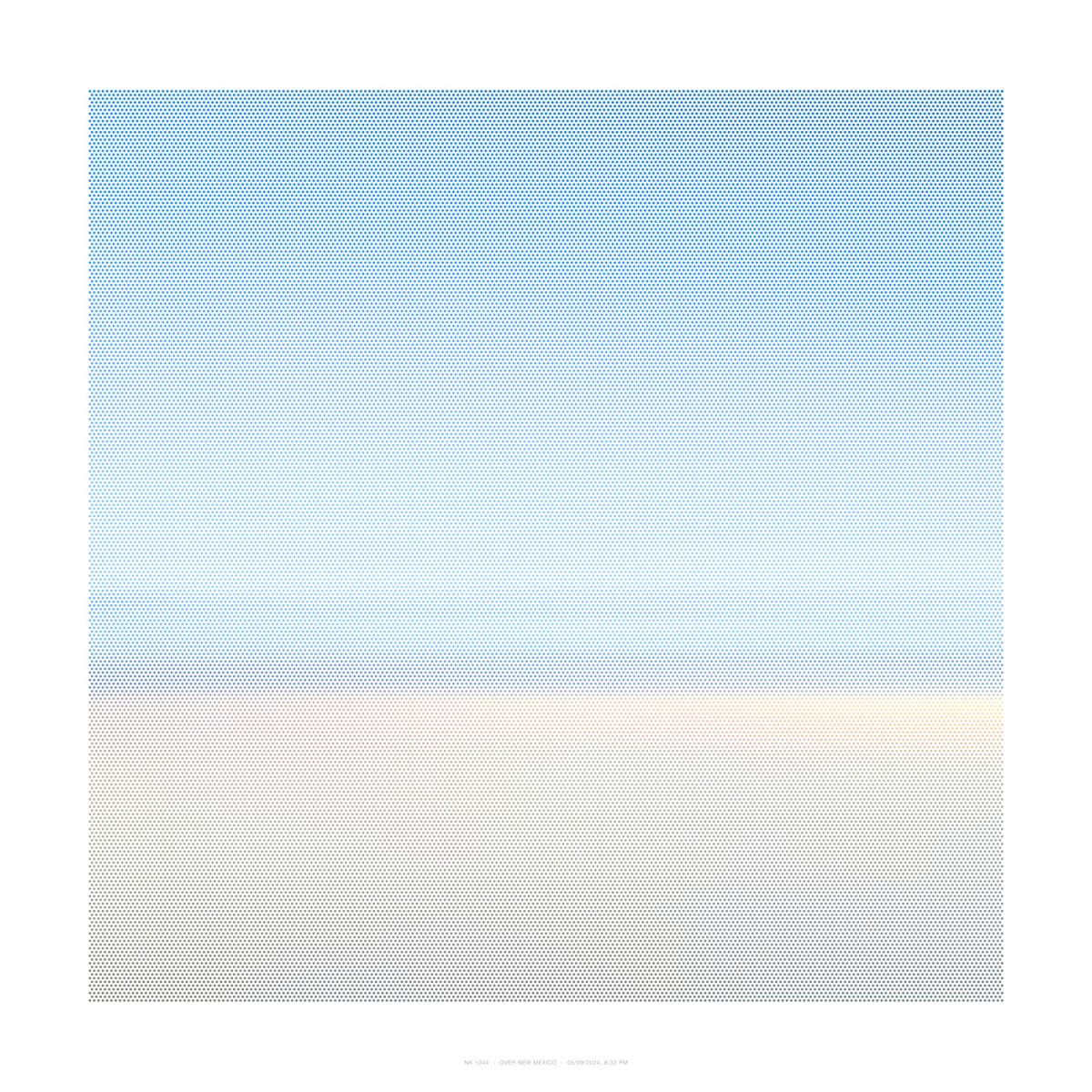 A large-scale composition dominated by a gradient field of small blue dots that transitions gradually toward warm peachy and cream tones in the lower right quadrant, creating a subtle atmospheric effect across the entire surface.