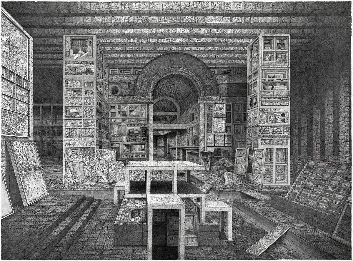 A detailed black and white drawing depicting an underground gallery or storage space with arched ceilings, featuring numerous framed artworks and panels displayed on walls and leaning against surfaces, with geometric patterned floors and a central platform or table structure.