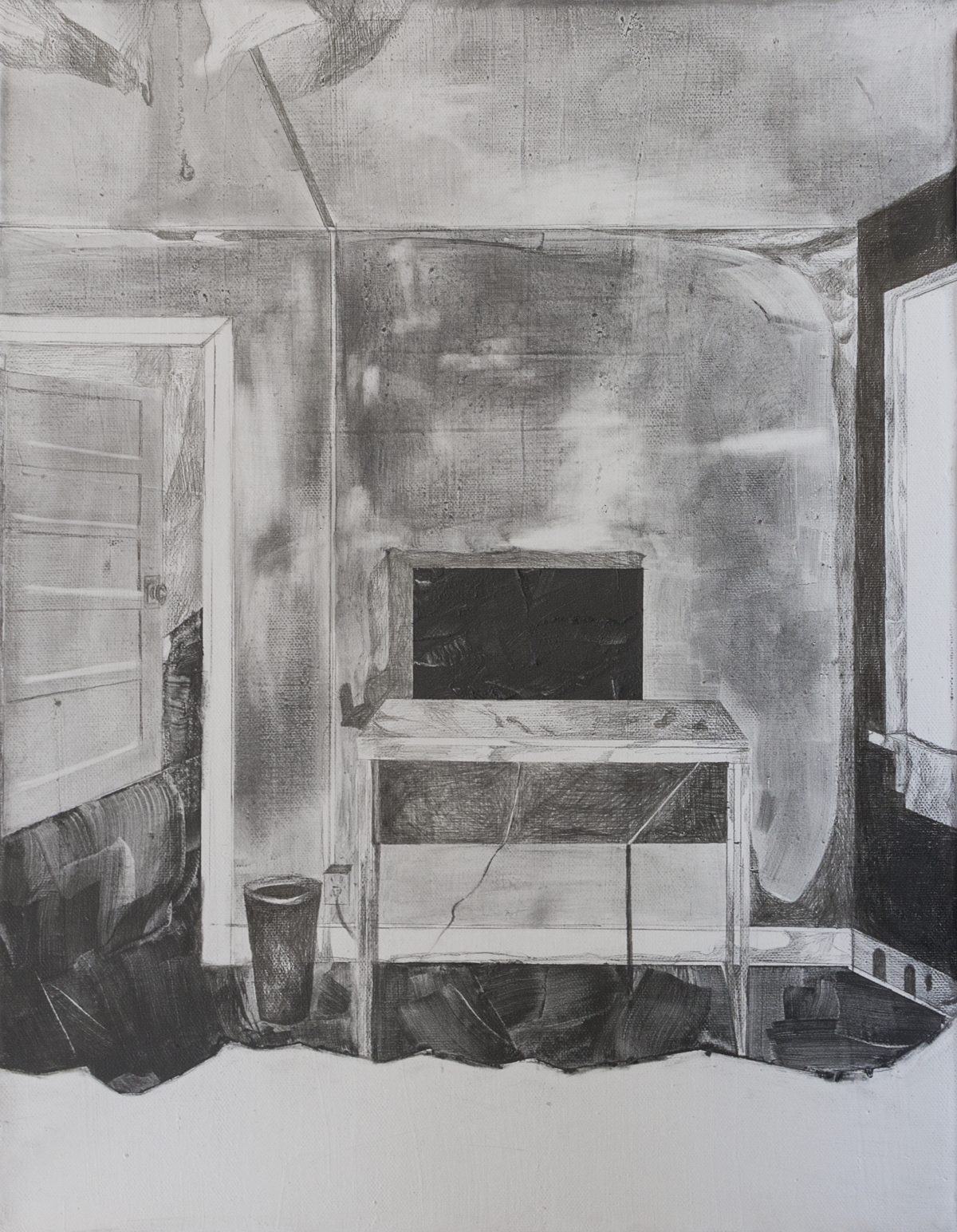 A graphite drawing depicting an interior bathroom space with steaming walls and a central fixture, rendered in soft gray tones with areas of darker shading. White doors frame both sides of the composition, while atmospheric marks suggest moisture or heat rising throughout the confined room.