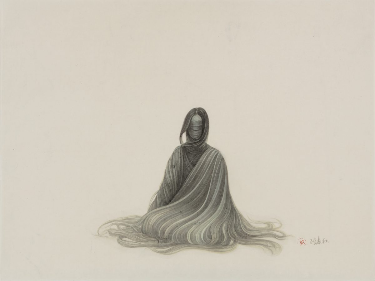 A seated figure with long dark hair draped in flowing striped fabric sits centered against a neutral background. The work is rendered in delicate graphite and ink tones on paper, with particular emphasis on the intricate linear patterns of the garment that pools around the figure's base.