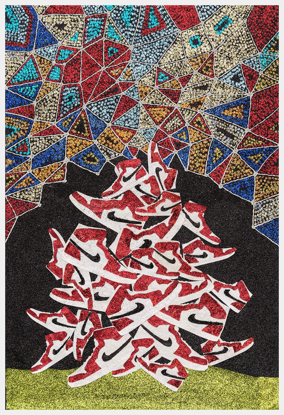 A silhouette of a human figure filled with red and white sneakers sits against a black ground, surrounded by a vibrant mosaic of multicolored triangular tiles in blue, gold, cream, red, and turquoise, embellished with glitter throughout. The composition combines cut paper, paint, and glittering materials to create a textured, jewel-like surface.