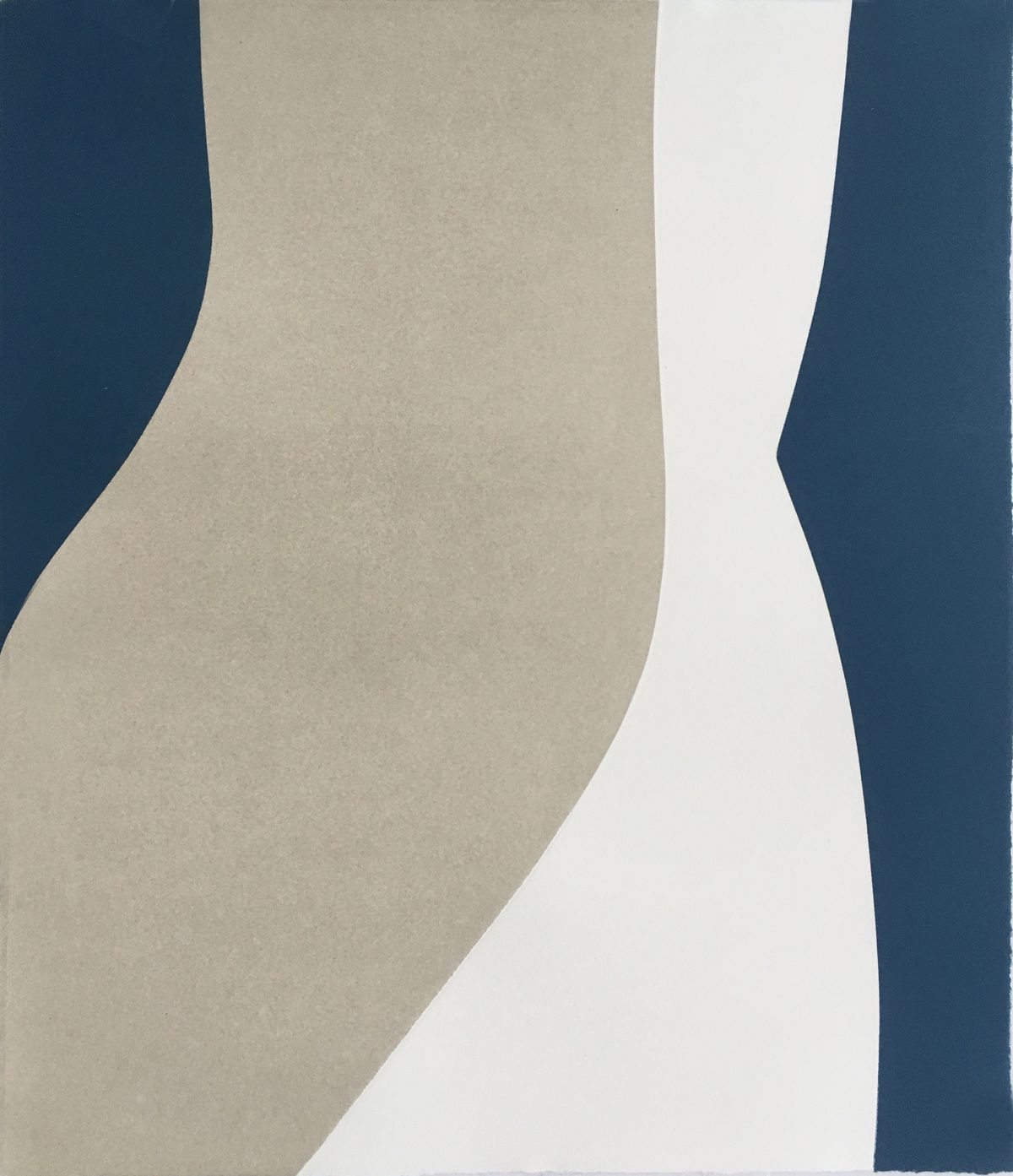 Abstract relief print featuring bold geometric forms in deep teal, warm beige, and cream tones. Curved and angular shapes create a dynamic composition with strong vertical elements and flowing organic lines against a light background.