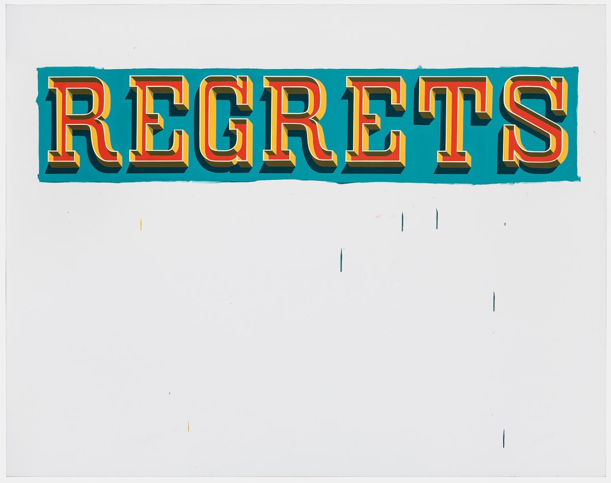Vibrant red and yellow block lettering set against a turquoise background, with scattered vertical marks in blue and orange scattered across the lower portion of the light gray canvas.