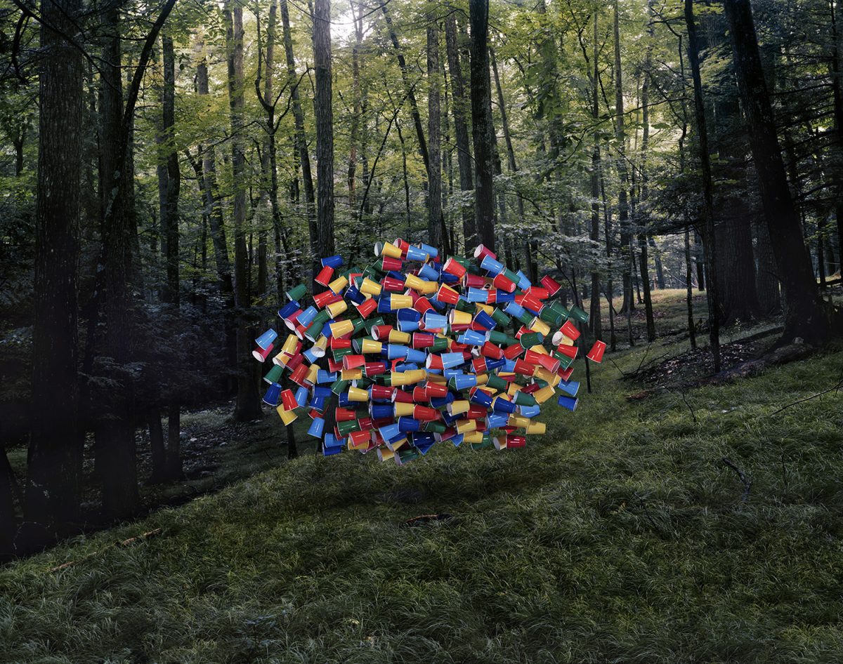 A vibrant cluster of red, blue, yellow, and green plastic cups floats suspended in a dense forest clearing, surrounded by tall dark tree trunks and green undergrowth.