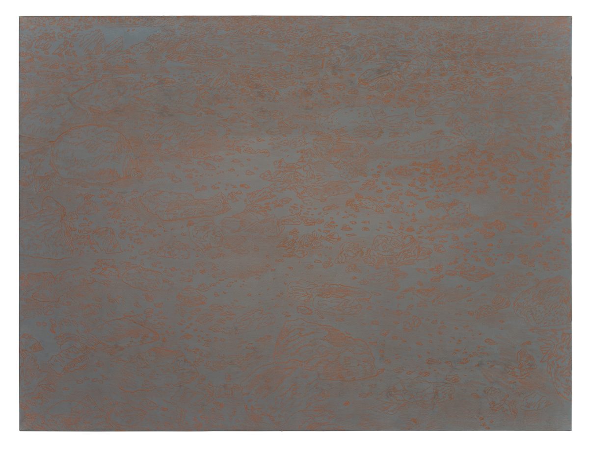Textured gray-blue surface with rust-red linear marks and gestural marks creating an abstract, weathered appearance throughout the composition. The marks suggest a landscape or topographical forms rendered in warm tones against the cooler ground.