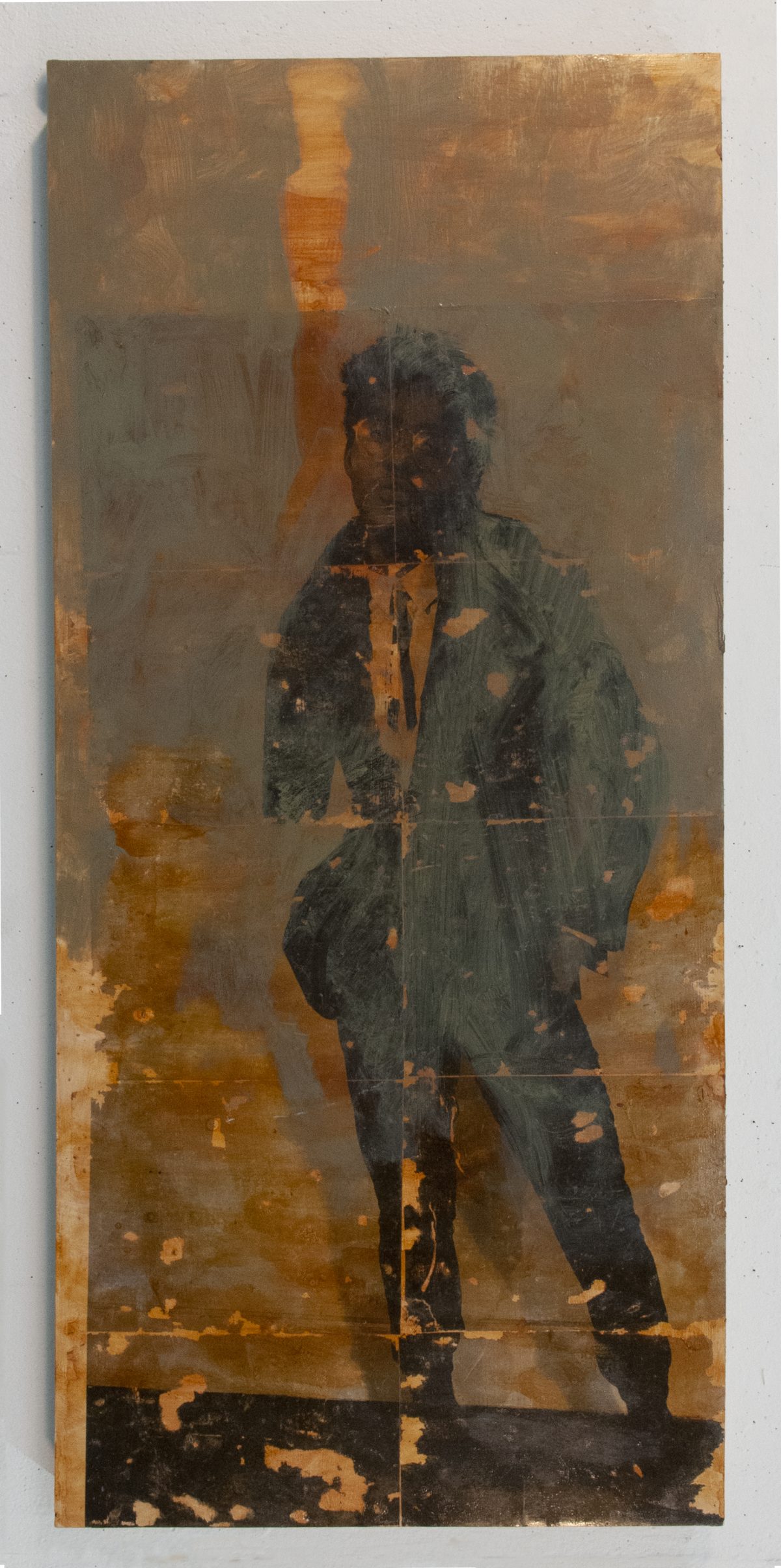A standing figure in dark clothing is rendered in muted tones against a warm, weathered background of ochre and brown. The composition is vertical and austere, with visible paint layering and material deterioration across the surface, creating a sense of age and decay that contrasts with the central figure's defined form.