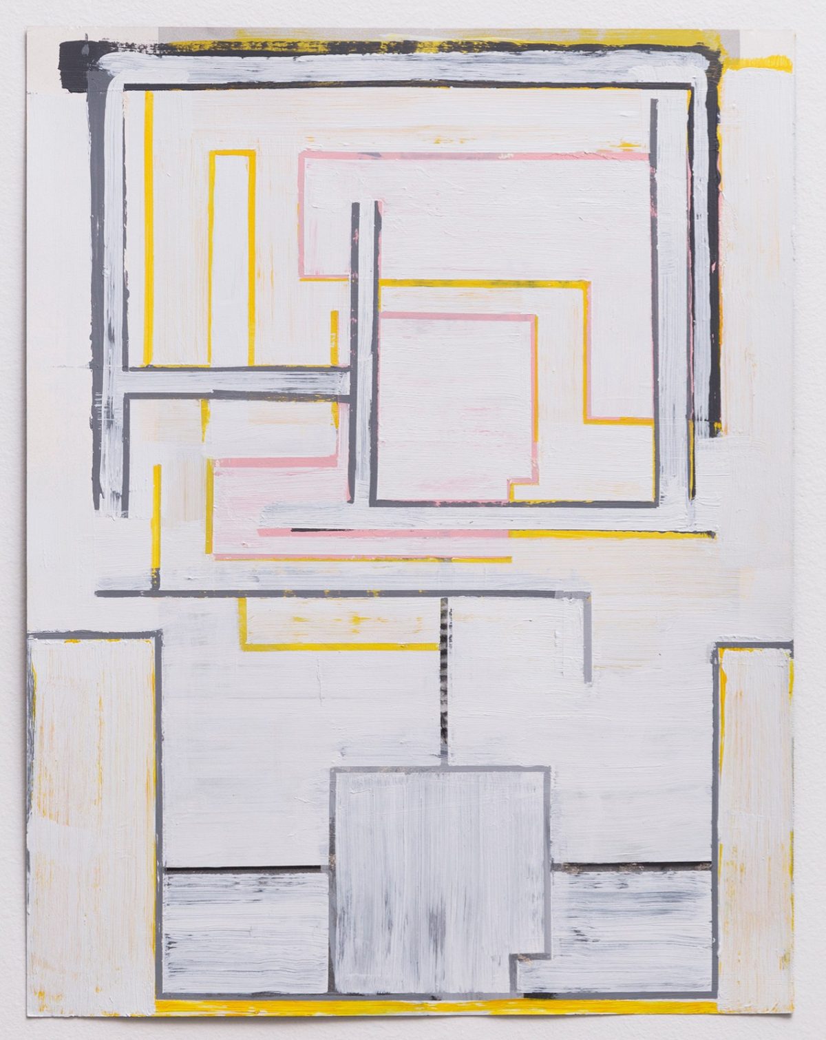 Abstract geometric composition featuring overlapping rectangular frames in gray, yellow, and pink on a white background, with visible brushstrokes and layered paint creating a sense of architectural or spatial depth.