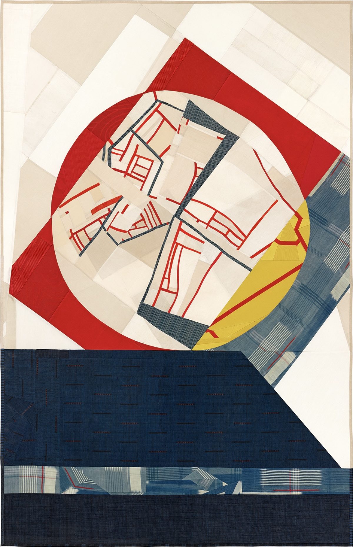 An abstract collage composition featuring a architectural floor plan rendered in red lines at the center, surrounded by concentric circles in red and yellow. The piece is constructed from pieced vintage silk fabrics in cream, navy blue, and gray tones, with visible textile textures and patterns throughout. The layered geometric elements create a sense of depth against the neutral background.