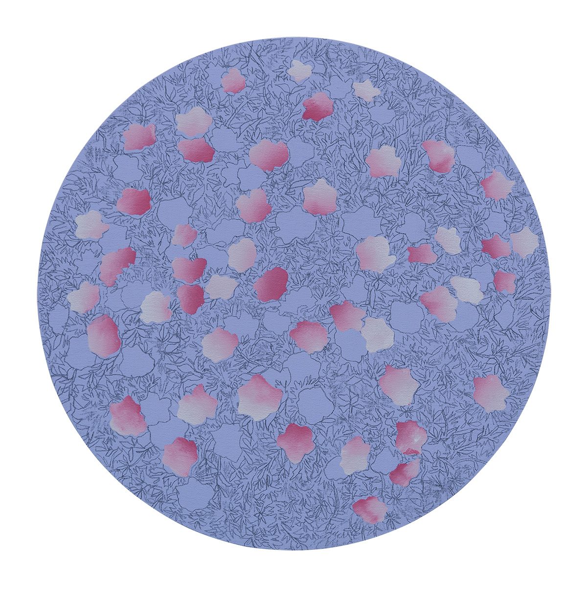 A circular composition on a periwinkle-blue ground features delicate line-drawn foliage throughout, with approximately fifty soft, watercolor-like circular blooms in varying shades of pink, coral, and white distributed across the surface.